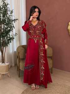 Awais House Women's Red Embroidered Silk Floor Length <b>Kaftan</b> Dress V Neck Long Sleeve Floral Pattern Wedding Elegant Style - Product Image 2