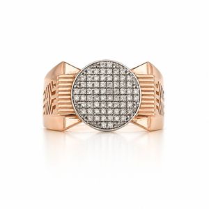 18K Rose <b>Gold</b> Mens Diamond Pave <b>Ring</b> Round Top Geometric Pattern Luxury Statement Fine Jewelry Wedding Party Daily Wear Gift - Product Image 1