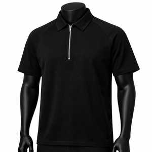 Men's <b>Black</b> Short Sleeve Zipper <b>Polo</b> Shirt Knitted Casual Solid Color Regular Fit - Product Image 1
