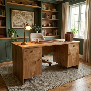 Escritorio Ejecutivo de Madera Sólida de Pino Nudoso Artesanal con Doble Pedestal, Mesa de Computadora para Oficina en Casa, Estación de Trabajo con Cajones, Acabado Natural - Product Image 4