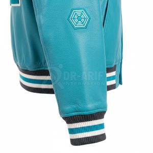 Veste varsity noire et turquoise pour homme, manches en cuir, logo brodé sur le devant, coupe classique, style décontracté d'automne - Product Image 4