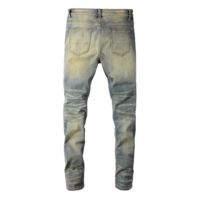 Jean en denim déchiré coupe droite pour homme, poids moyen, 100 % coton, décontracté, avec braguette boutonnée et détail de patch rouge