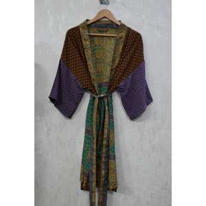 Vintage Silk Patchwork <b>Long</b> Kimono Robe Boho <b>Dressing</b> <b>Gown</b> Statement Handmade Robe - Product Image 2