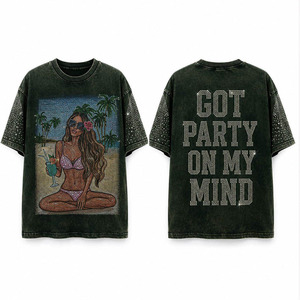 Custom <b>Men</b> Dark Green Acid Wash <b>T</b>-<b>Shirt</b> Beach Girl Rhinestone Graphic Varsity Letter <b>Slogan</b> Print Sparkle Sleeve Oversized - Product Image 1