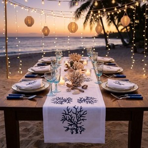 Wholesale Luxury Hand Embroidered Navy Coral Placemat Napkin Sets White Washable Cotton Hotel Coastal Wedding <b>Table</b> <b>Decor</b> - Product Image 3