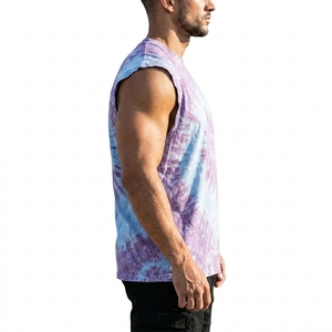 Wholesale Men's Retro Tie Dye Washed Premium Quality 100% Cotton Custom Print Breathable Gym Tank Top with <b>Drop</b> Shoulder - Product Image 4