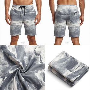 Shorts pour homme 100% coton, taille mi-haute, avec cordon de serrage, imprimé topographique, effet délavé - Product Image 1