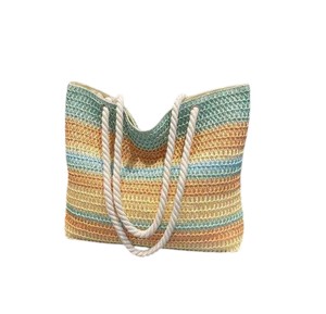 Descubre la combinación perfecta de estilo casual y funcionalidad en este bolso de hilo natural a rayas, ideal para tus viajes de vacaciones. - Product Image 1