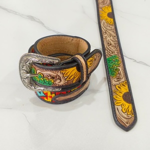 Hand <b>Tooled</b> Florals Embroidered Genuine Leather <b>Belt</b> With Silver Western Pin Buckle Ethnic Casual Style Durable Fashionable <b>Belt</b> - Product Image 3