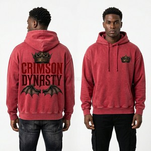 Sweat à capuche homme rouge cramoisi délavé à l'acide, broderie personnalisée motif couronne, streetwear, pull en molleton épais, fabricant - Product Image 1