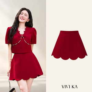 Women's <b>Red</b> A-Line <b>Mini</b> <b>Skirt</b> With Scalloped Hem Elastic Waist Sweet Style Solid Color Woven Fabric THETIS - Product Image 1