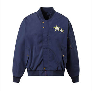 Men's Navy Blue Bomber <b>Jacket</b> Stand Collar Embroidered <b>Stars</b> Casual Solid Color Polyester Autumn Wear Regular Fit - Product Image 1