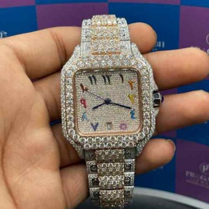 Montre automatique de luxe bicolore entièrement sertie de moissanite, boîtier carré en acier inoxydable, cadran arc-en-ciel étanche en saphir - Product Image 2