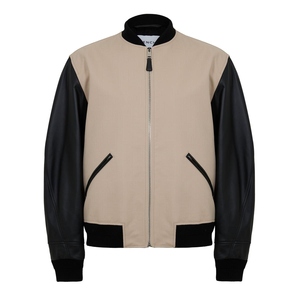 Men's Beige Bomber Jacket Black PU Leather Sleeves Covered <b>Button</b> Closure <b>Turn</b>-down Collar Windproof Polyester/Cotton Shell - Product Image 1