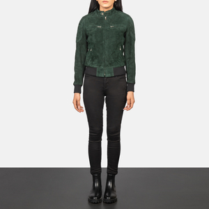 Women's Green <b>Suede</b> Moto <b>Jacket</b> Stand Collar Zipper Closure Full Sleeve Biker Style Autumn Outerwear - Product Image 2