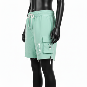 กางเกงขาสั้นว่ายน้ำผู้หญิงคุณภาพสูง 300 GSM ผ้าฝ้ายผสมโพลีเอสเตอร์ สีเขียวมิ้นท์ แต่งแผ่นผ้าแบบแพทช์พาแนล กระเป๋าคาร์โก้  โลโก้แบบนูน - Product Image 2