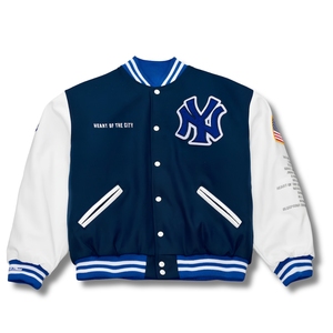 Premium Blueprint x New York Varsity <b>Jacket</b> | Blue & <b>White</b> Full-Snap Edition Wholesale Luxury Streetwear Outerwear - Product Image 3