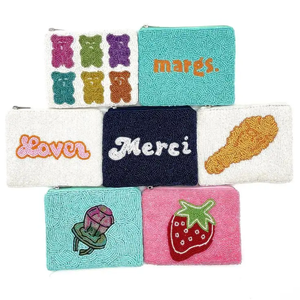 Pochette mini portefeuille porte-cartes à fermeture éclair, style rayé, imprimée en typographie, brodée à la main, avec perles, motif dessin animé, tendance - Product Image 3