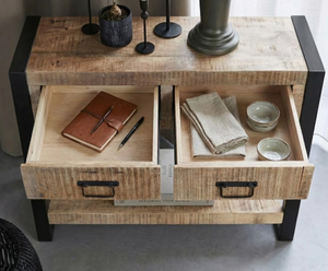 Table console en bois massif avec tiroir, design moderne éco-responsable fait main, bois de manguier avec support et poignées en métal - Product Image 3