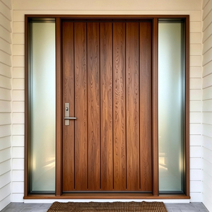 Porte d'entrée contemporaine en bois massif avec panneaux latéraux en verre dépoli pour usage extérieur GA-38L - Product Image 1