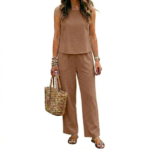 Conjunto de pantalones anchos y top sin mangas de lino rosa, cuello redondo, ropa informal holgada de verano para mujer - Product Image 5