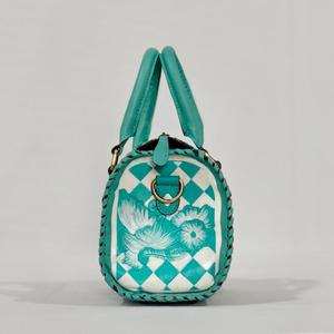 Luxury <b>Hand</b> Tooled Floral Leather <b>Mini</b> Speedy Bag Checkerboard Pattern Teal Green Zipper Closure - Product Image 3
