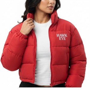 Premium Women's <b>Cropped</b> Elegant Red <b>Puffer</b> <b>Jacket</b> Quilted Winter Coat Stand Collar Full Zip Fashion Outerwear - Product Image 1