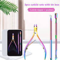 Kit de dissolvant de peau morte en titane multicolore de salon 3 pièces pinces à ongles ensemble de manucure à cuticules avec boîte en fer blanc