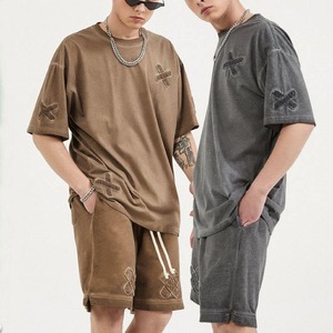 Custom Vintage Acid Wash Embossing t <b>Shirt</b> Unisex Print Men Jogger Terry Cotton T-<b>shirts</b> and Shorts Sets Men - Product Image 1