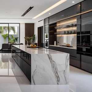 CBMmart Gris brillant personnalisé - Panneau de porte en verre sans poignée avec éclairage LED intégré et grands plateaux en marbre cascade - Product Image 4
