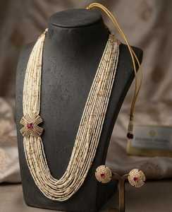 Classic Long Multi-Layered Brass Antique Gold Plated Imitation Pearl & Pink Stone Bridal <b>Wedding</b> <b>Necklace</b> <b>Set</b> - Product Image 1