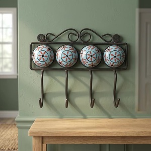 Rustic Metal <b>Wall</b> <b>Hook</b> <b>Rack</b> with 4 <b>Hooks</b> and Floral Ceramic Tiles for Home Decor - Product Image 1