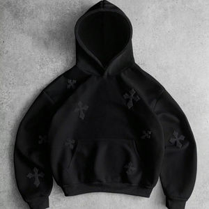 Unisex <b>Black</b> Embossed Custom Printed Breathable Winter Front Pullover Hoodie Cotton <b>Fleece</b> Casual Streetwear - Product Image 1