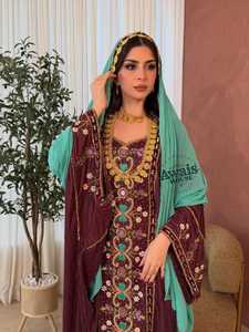 Elegant Maroon Embroidered Abaya Long Sleeve Floor Length Women's Wedding Dress Middle East Style Floral Pattern Polyester - Product Image 2