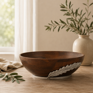 Premium Handcrafted Acacia Wooden Serving Bowl With Artistic <b>Silver</b> Feather Metal Detail Elegant Decorative <b>Table</b> Centerpiece - Product Image 2