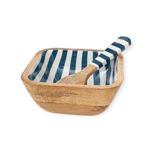 Bol de service carré en bois avec intérieur émaillé rayé bleu et cuillère assortie pour la cuisine et la table à manger - Product Image 1