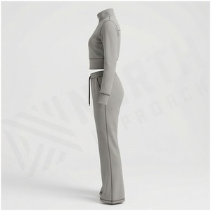 Conjunto Deportivo Informal de Otoño para Mujer, Top Corto con Cierre y Cuello Alto, Pantalones Acampanados con Cordón, Color Gris - Product Image 3