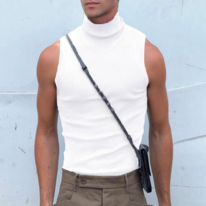 Camisetas sin mangas de cuello alto acanaladas 100% algodón a la moda, con logo personalizado, ajustadas, informales, de verano, para hombre, estilo crop top. - Product Image 6