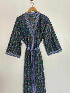 ชุดกิโมโนลายพิมพ์บล็อกการ์ตูนสำหรับผู้หญิง ผ้าฝ้ายทอ 100% เนื้อนุ่ม ระบายอากาศได้ดี ชุดนอนฤดูร้อน ทำมือ ODM คอวี เอวยางยืด ยาวเต็มตัว - Product Image 4