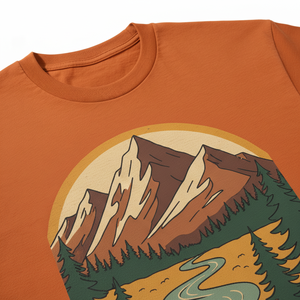 Camiseta de algodón de manga corta para hombre, estilo vintage, con estampado de paisaje montañoso naranja, corte regular, cuello redondo, tejido de punto tipo jersey. - Product Image 2