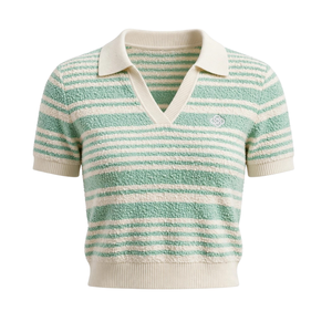 Mens Textured Striped Knit <b>Polo</b> Shirt Short Sleeve Collared V Neck Cream Brown Casual Sweater <b>Top</b> for Mens Casual Fashion - Product Image 3