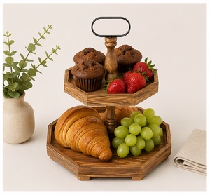 Vintage 2 Tiered Wooden Cake Stand Farmhouse Hexagon Dessert <b>Display</b> Tray for Weddings and <b>Coffee</b> Bar Decor Best Price - Product Image 6