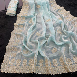 Compra al por mayor: Sarees Vijeta de satén de seda elegante con bordados en toda la prenda, detalles de Pallu y bordes de diseño con trabajo Butta en seis colores. - Product Image 1