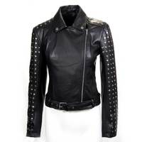 Veste en cuir cloutée pour femme, noire, style motard, punk, cuir véritable, fournisseur OEM, vente en gros