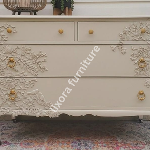 Luxury Handcrafted Solid Wood 4 Drawer Dresser Ornate Bird Floral Vine Relief Carving Beige Finish - Product Image 3