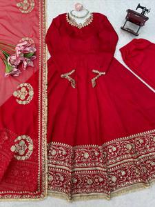 ชุดเดรส Anarkali ผ้าลูกไม้สีแดงเข้มสำหรับผู้หญิง พร้อมผ้าคลุมไหล่ลายดอกไม้ ยาวถึงพื้น แห้งเร็ว เหมาะสำหรับงานปาร์ตี้และงานแต่งงาน - Product Image 5