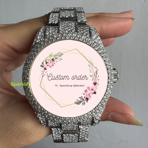 Montre Moissanite entièrement sertie de pierres pour unisexe, avec cadran analogique artisanal en acier inoxydable, montre de luxe pour soirée, cadran rose, montre analogique - Product Image 1