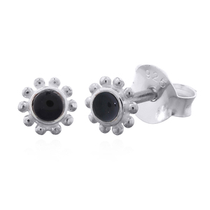 Radiant Sterling <b>Silver</b> Bali Flower Black Stone <b>Stud</b> <b>Earrings</b> - Product Image 2