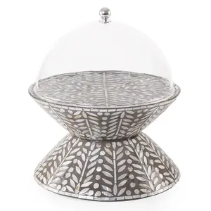 Customized mother of pearl <b>cake</b> <b>stand</b>, sophisticated dark leaf engraved bowl with glass <b>cover</b> for premium sweet tables - Product Image 2