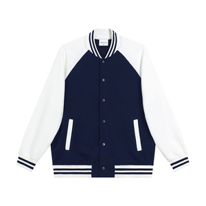 เสื้อแจ็คเก็ตวาร์ซิตี้สีกรมท่าขาวสำหรับผู้ชาย สไตล์พรีปปี้ เสื้อโค้ทเบสบอลทรงปกติ ปกเสื้อพับลง กระดุมแถวเดียว ผ้าโพลีเอสเตอร์ - Product Image 5